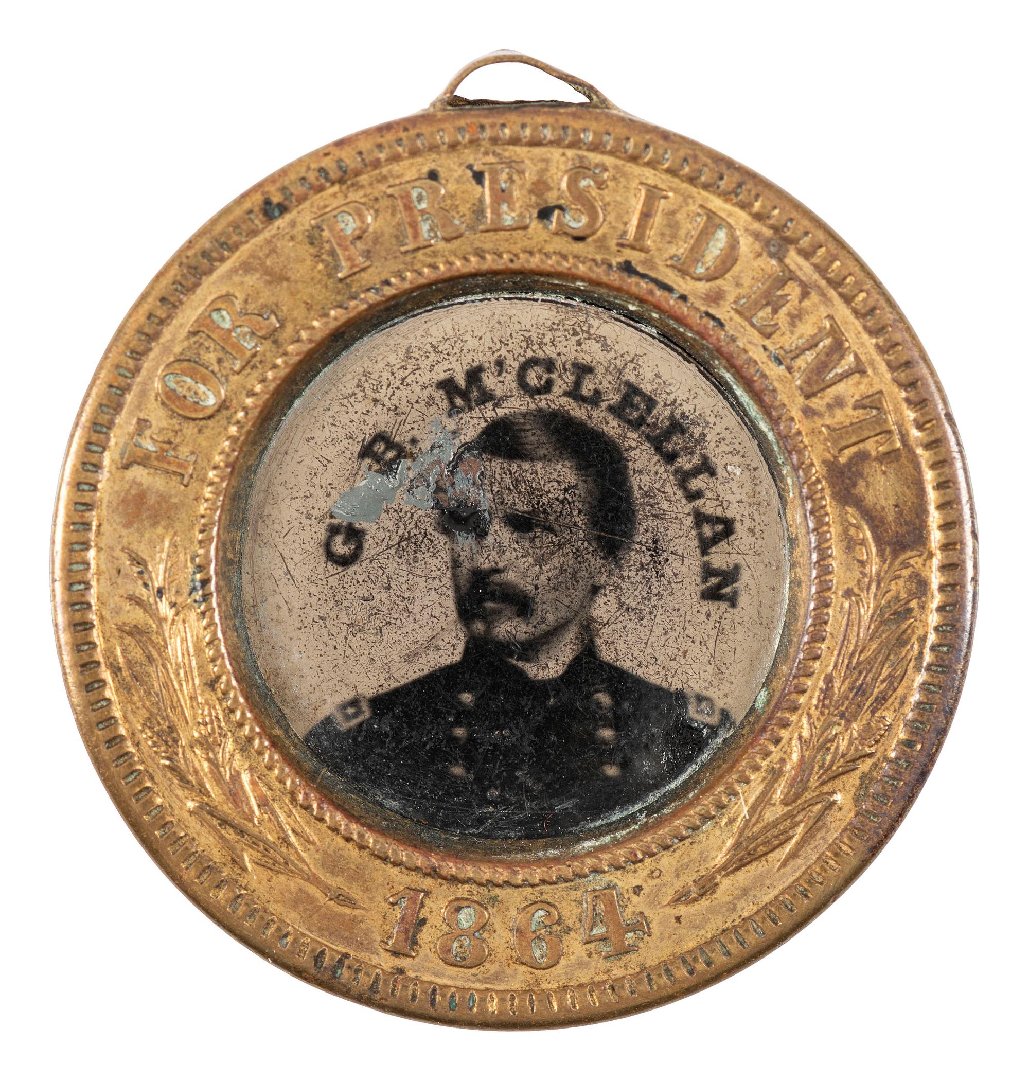 [POLITICS]. McClellan and Pendleton back-to-back campaign ferrotype badge. 1864.