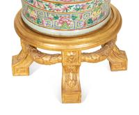 A Pair of Large Chinese Canton Style Porcelain Floor Vases on Giltwood Stands