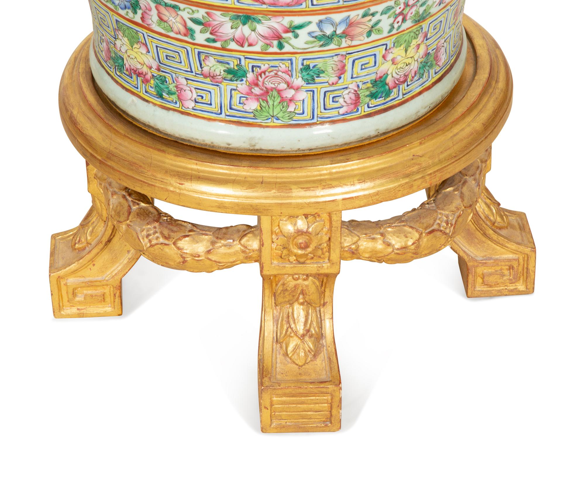 A Pair of Large Chinese Canton Style Porcelain Floor Vases on Giltwood Stands