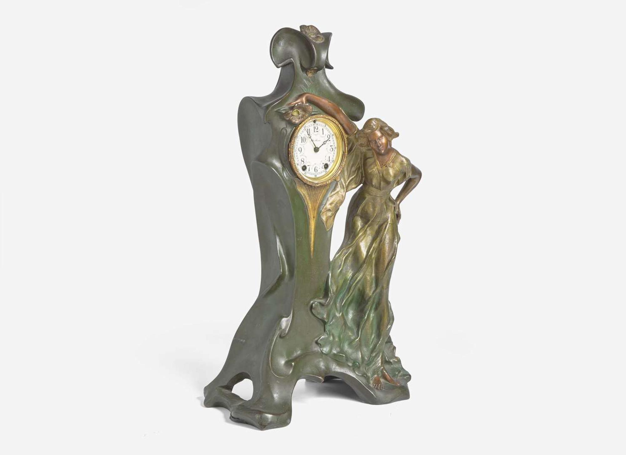 An Art Nouveau figural cold-painted bronze clock, Seth Thomas Clock Co. (founded 1813), Thomaston, CT, circa 1890