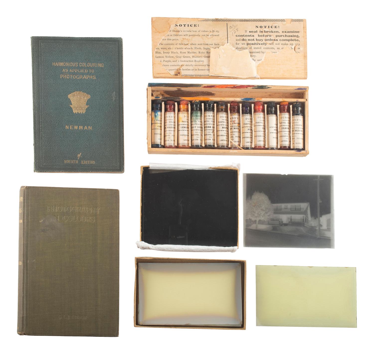 [EARLY PHOTOGRAPHY]. A group of 5 items involving 19th century photograph coloring, incl. glass slide coloring kit.