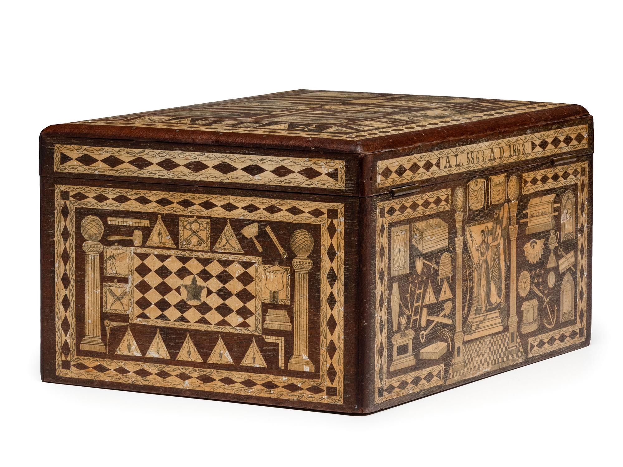 An American Scottish Rite Masonic-Decorated Sulphur Inlaid and Penwork Walnut Cash Box