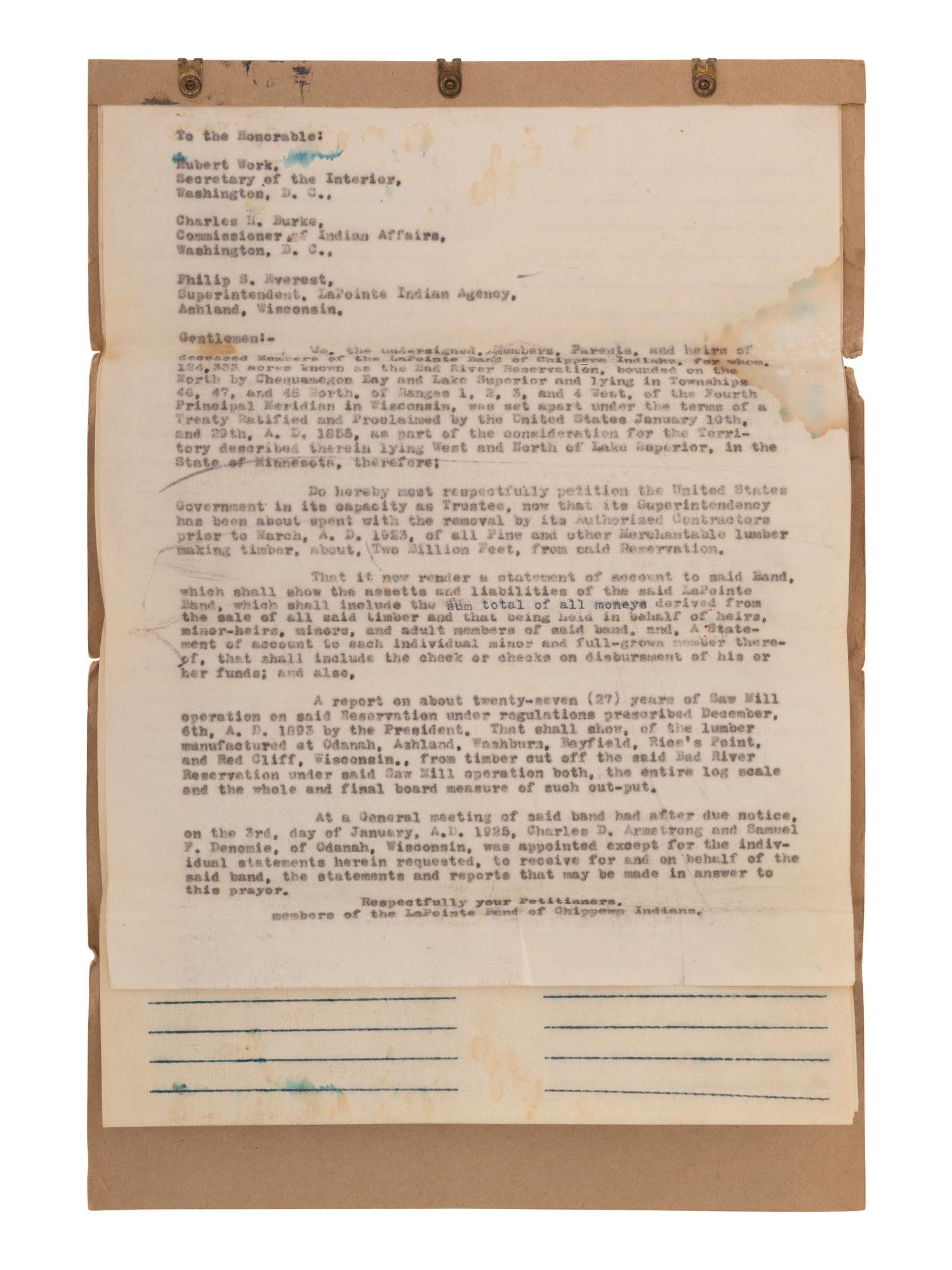 [NATIVE AMERICAN]. ARMSTRONG, Charles D. (1866-1931). Papers of Charles D. Armstrong of the Bad River Band of the Lake Superior Tribe of Chippewa Indians, including letters, documents, maps, and photographs.