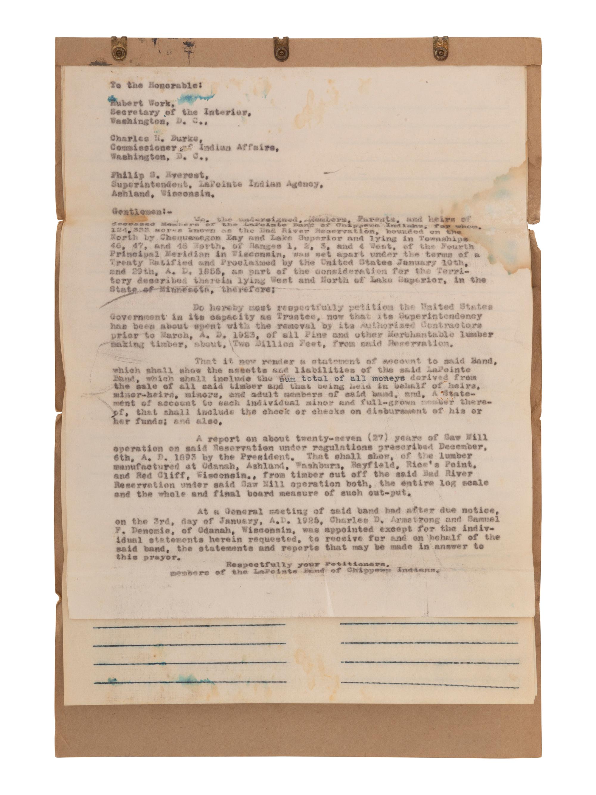 [NATIVE AMERICAN]. ARMSTRONG, Charles D. (1866-1931). Papers of Charles D. Armstrong of the Bad River Band of the Lake Superior Tribe of Chippewa Indians, including letters, documents, maps, and photographs.