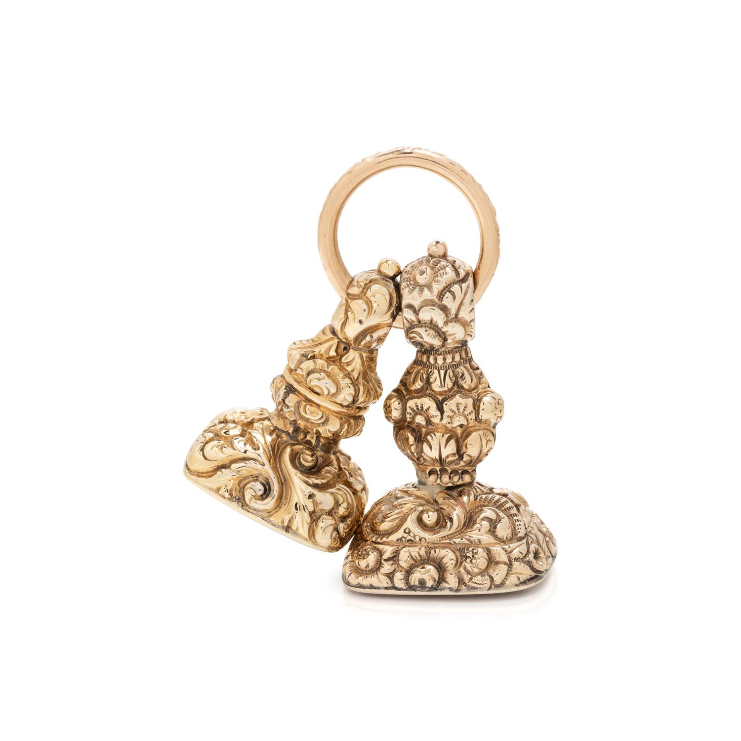 PAIR OF YELLOW GOLD AND HARDSTONE FOBS
