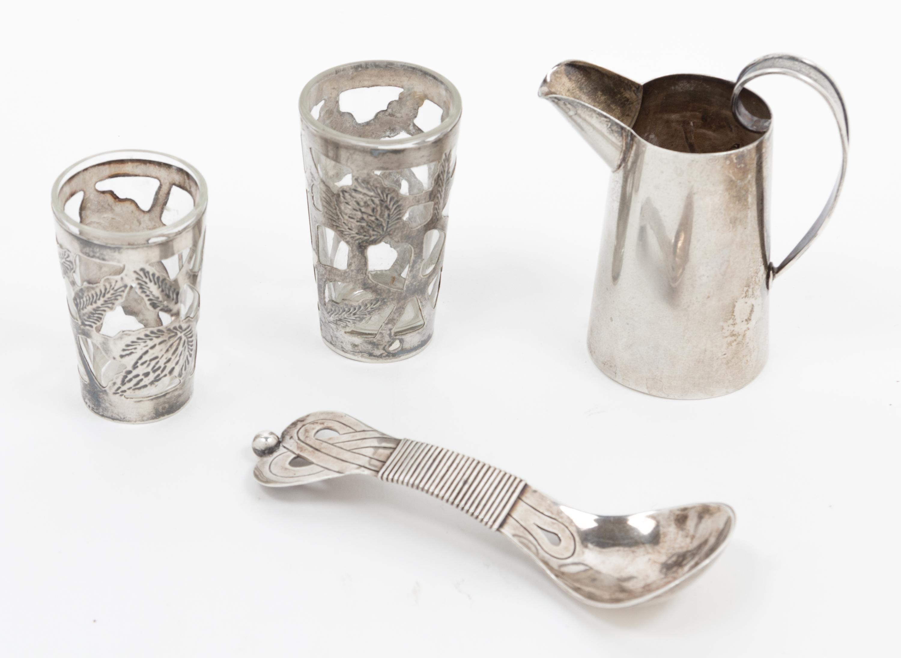 A Mexican Silver Creamer, William Spratling, 20th Century, together with a Spratling sugar spoon and two Mexican cordials with silver o