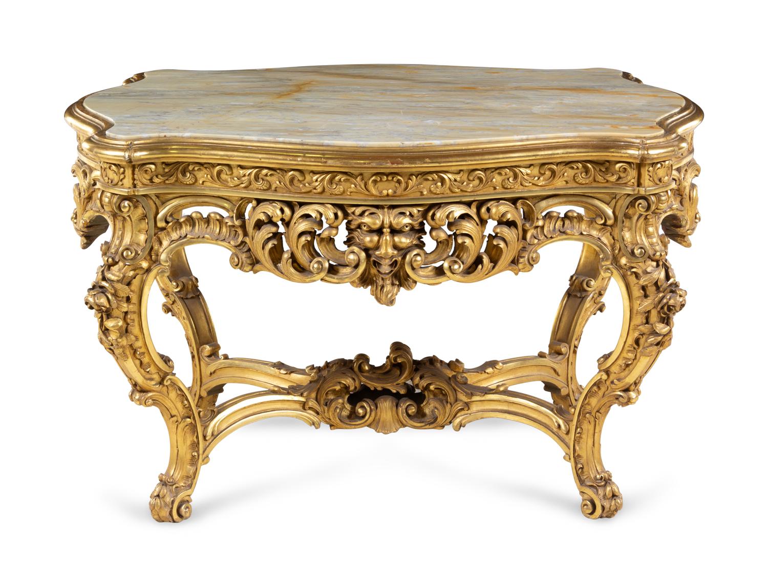 A Neoclassical Carved Giltwood Marble-Top Center Table