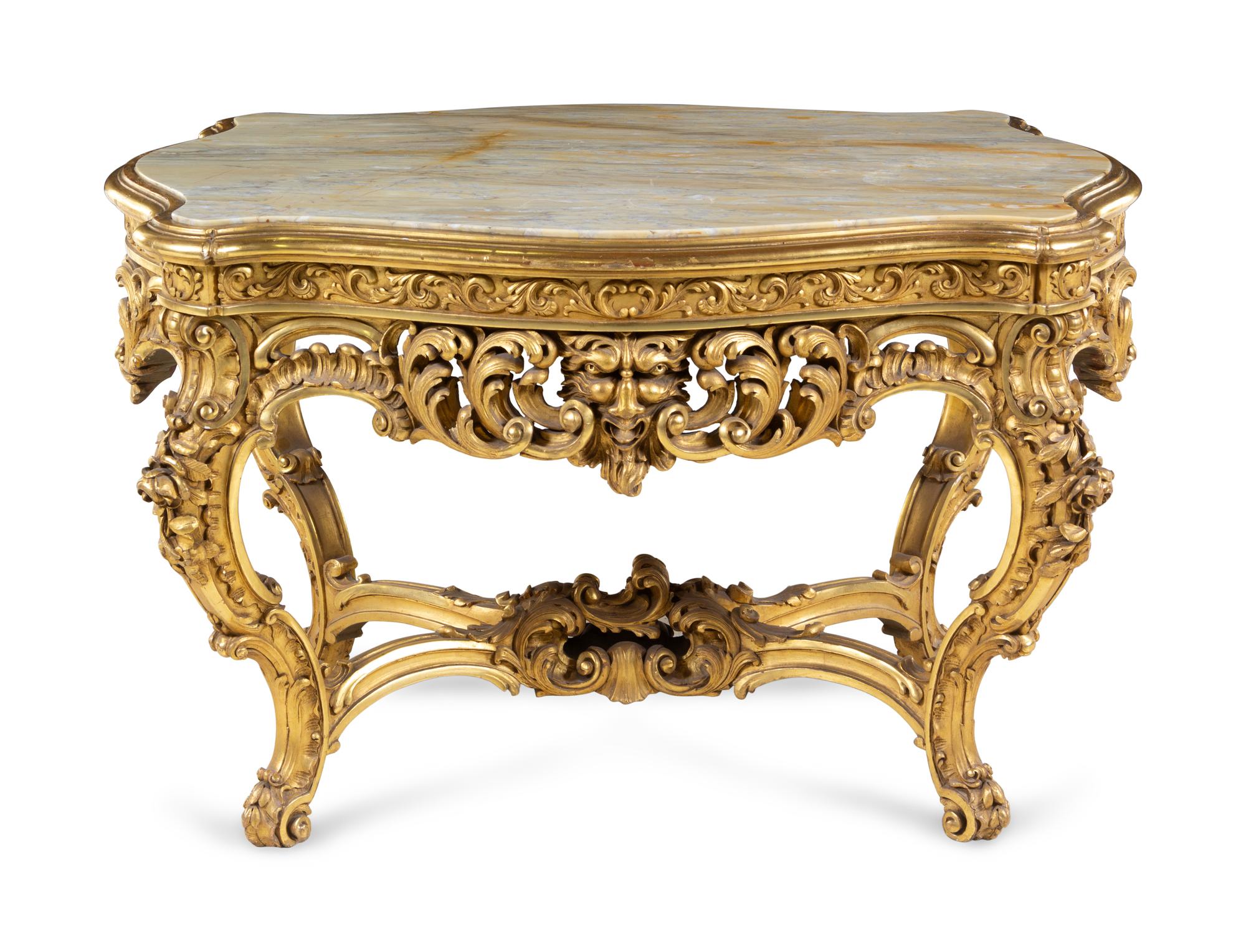 A Neoclassical Carved Giltwood Marble-Top Center Table