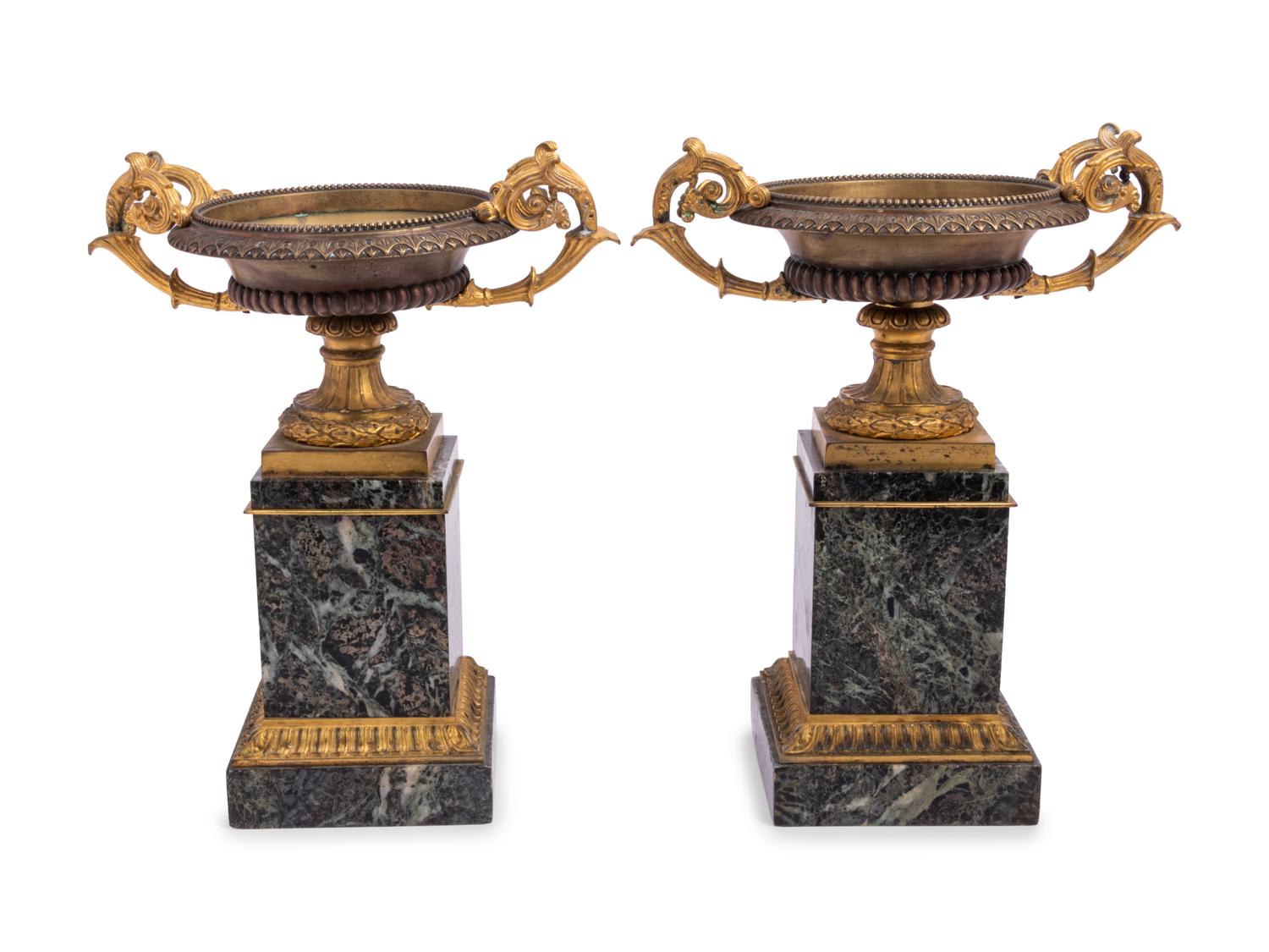A Pair of Continental Gilt Bronze and Marble Tazze Ornaments