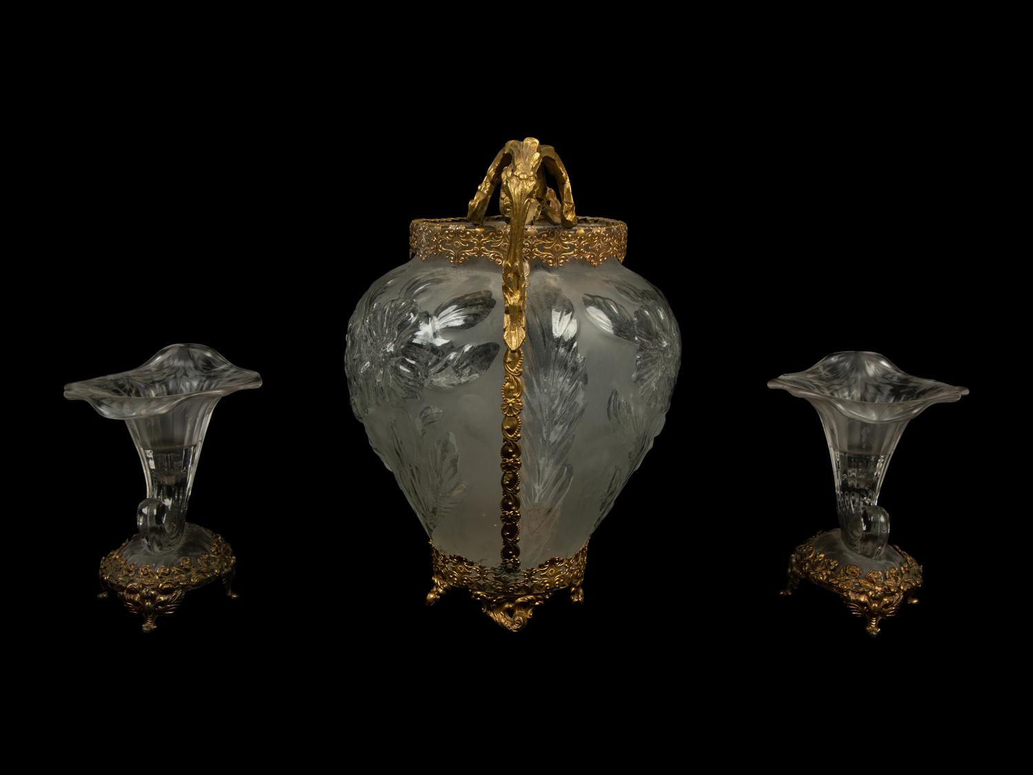 A Continental Gilt Metal Mounted Molded Glass Vase and Two Cornucopia Vases — 20TH CENTURY
