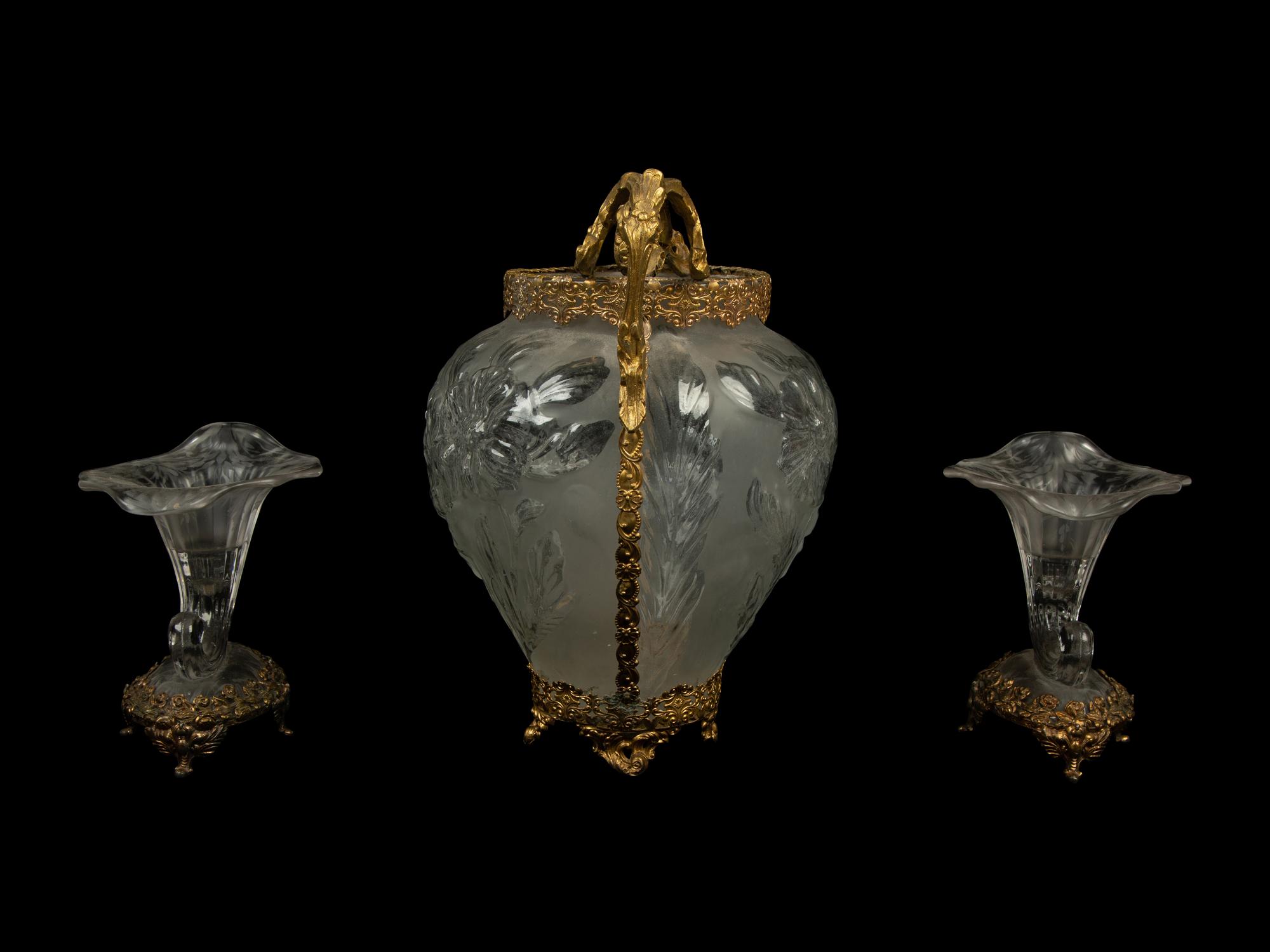 A Continental Gilt Metal Mounted Molded Glass Vase and Two Cornucopia Vases — 20TH CENTURY