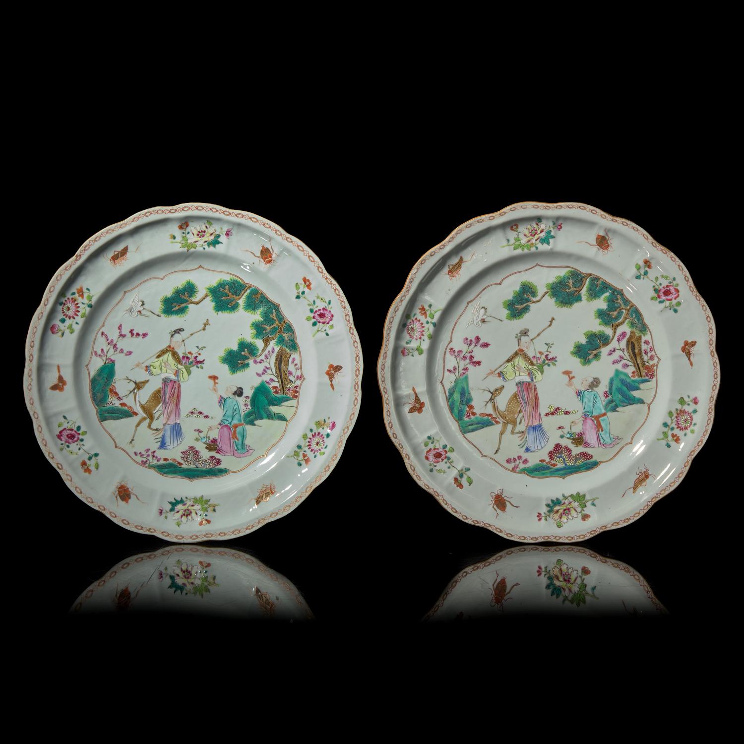 A Pair of Chinese Famille Rose 'Meiren' Chargers, Qianlong Period — 清乾隆 粉彩仙人圖賞盤一對