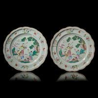 A Pair of Chinese Famille Rose 'Meiren' Chargers, Qianlong Period — 清乾隆 粉彩仙人圖賞盤一對