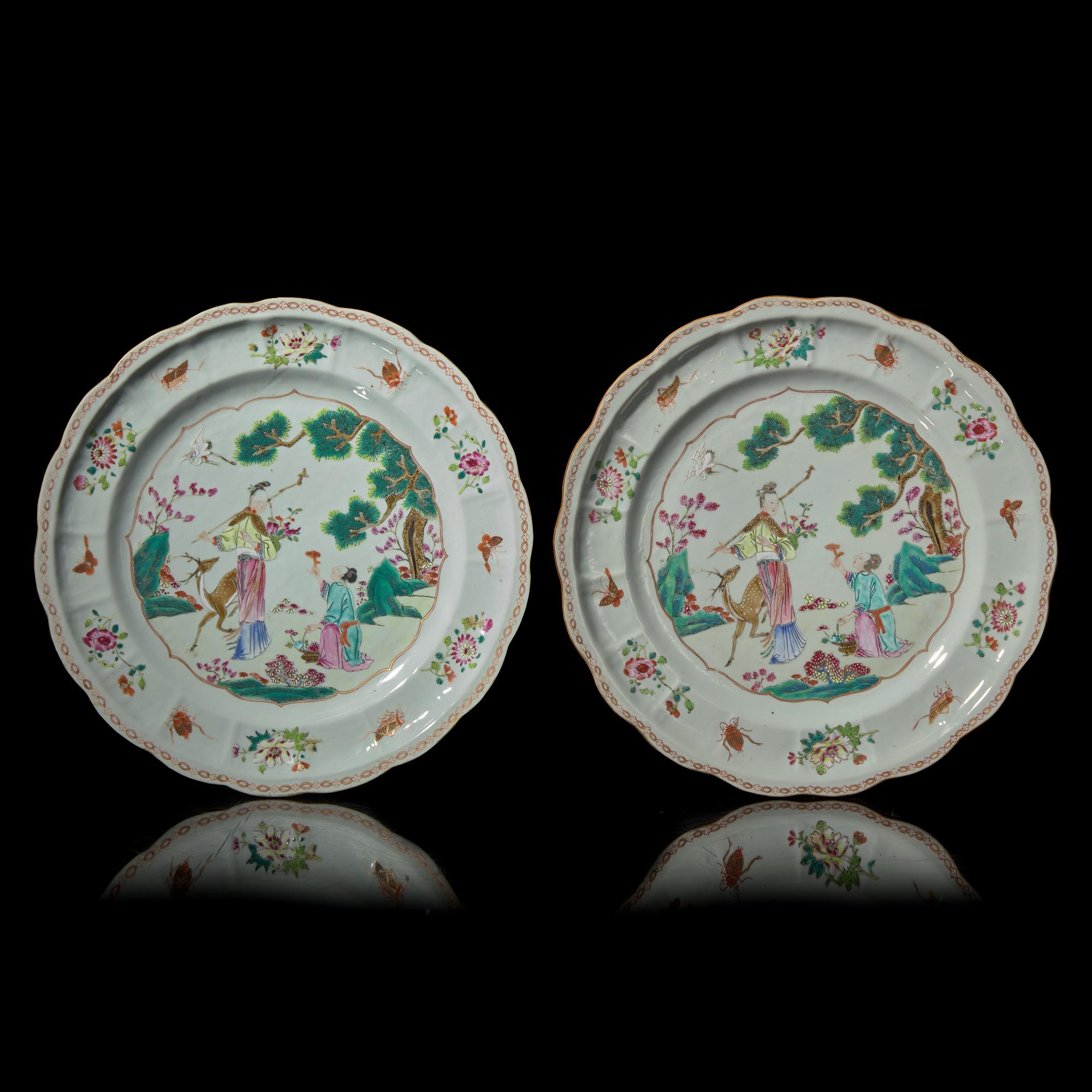 A Pair of Chinese Famille Rose 'Meiren' Chargers, Qianlong Period — 清乾隆 粉彩仙人圖賞盤一對