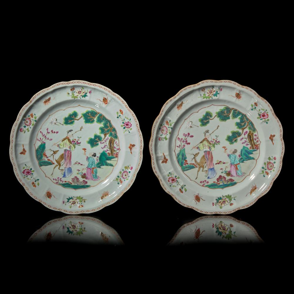 A Pair of Chinese Famille Rose 'Meiren' Chargers, Qianlong Period