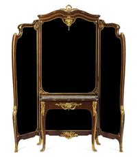 A Louis XV Style Gilt Bronze Mounted Mahogany Dressing Table and Mirror Height 85 x width overall 75 1/2 x depth 15 inches. — FRANCOIS LINKE, CIRCA 1880s