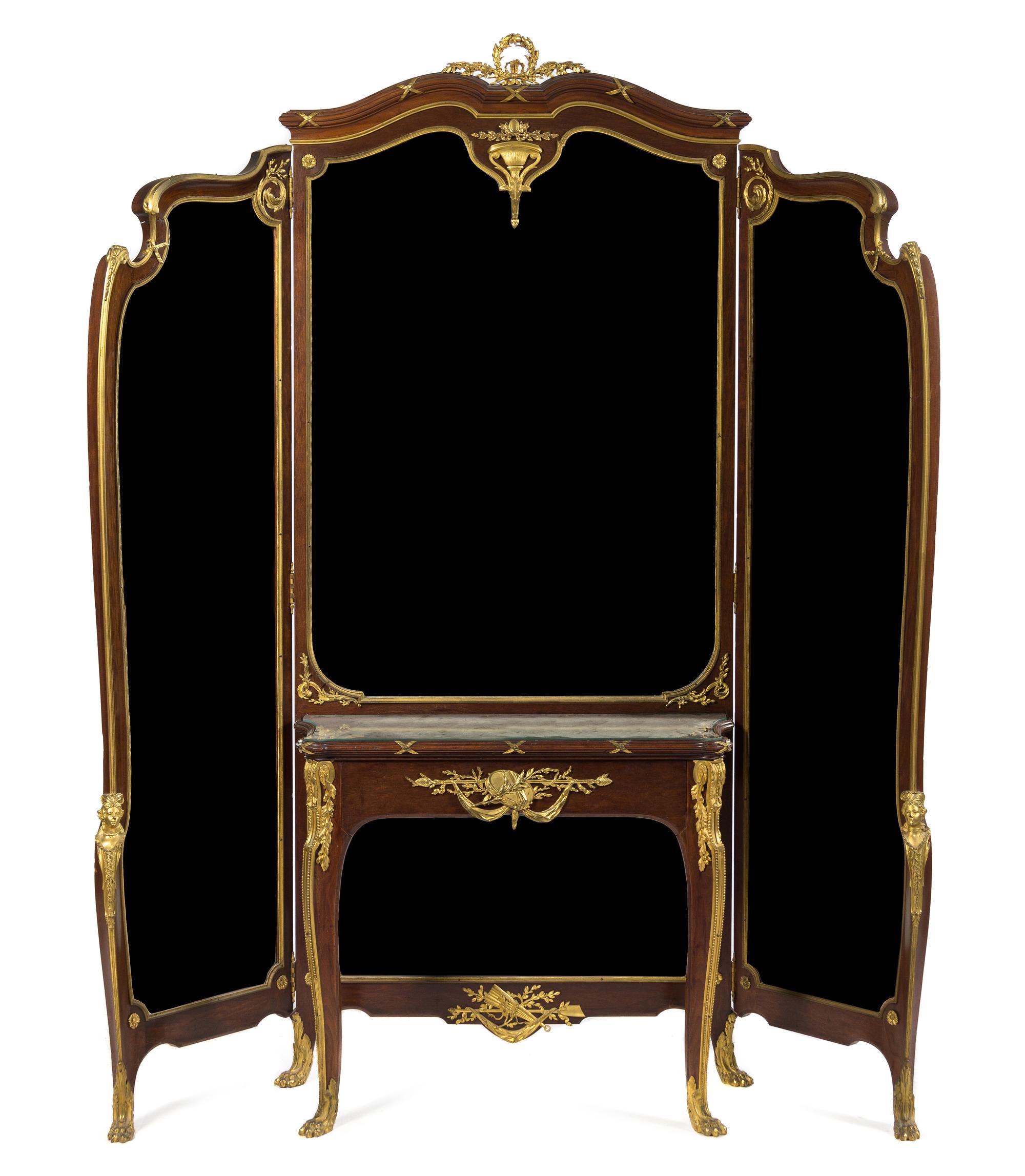 A Louis XV Style Gilt Bronze Mounted Mahogany Dressing Table and Mirror Height 85 x width overall 75 1/2 x depth 15 inches. — FRANCOIS LINKE, CIRCA 1880s