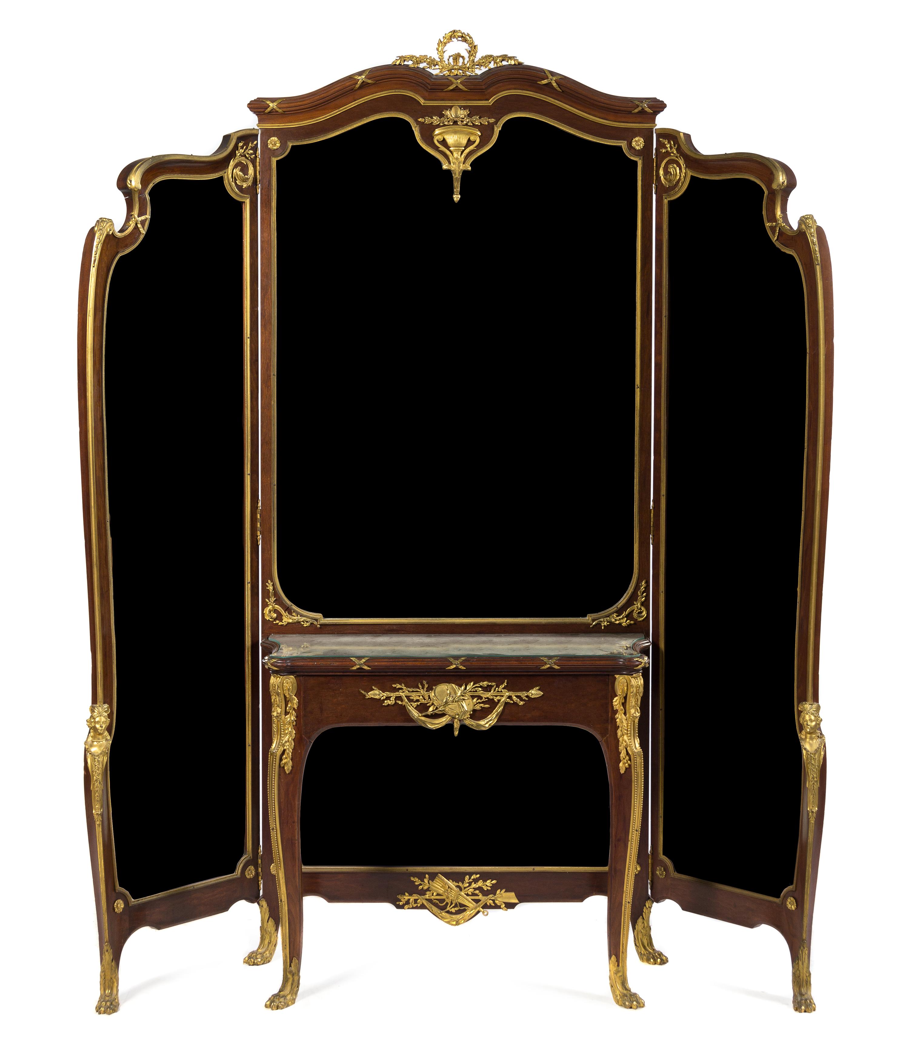 A Louis XV Style Gilt Bronze Mounted Mahogany Dressing Table and Mirror Height 85 x width overall 75 1/2 x depth 15 inches. — FRANCOIS LINKE, CIRCA 1880s
