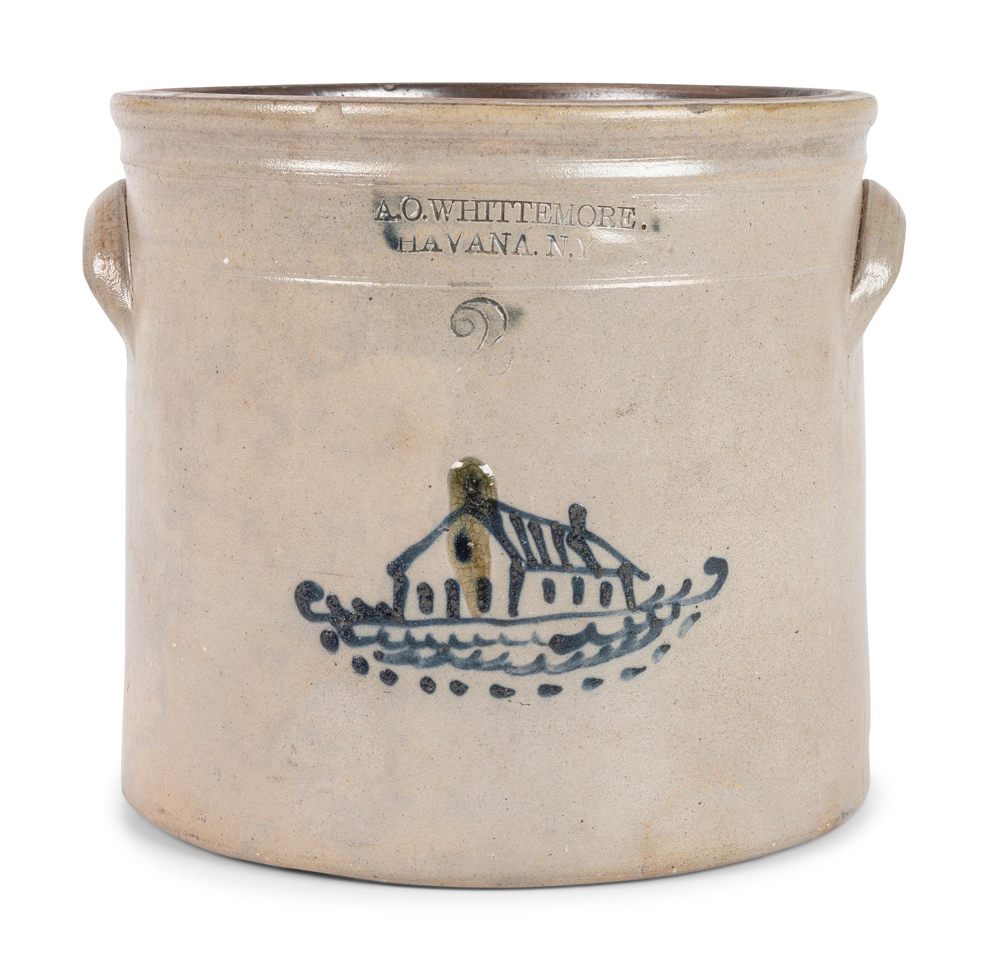 An A.O. Whittemore Cobalt Decorated Stoneware Two-Gallon Crock