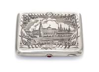 A Soviet Russian Niello Silver Cigarette Case, Maker's mark Cyrillic AMYu, Moscow, 20th century, the lid with an image of the Moscow Kr