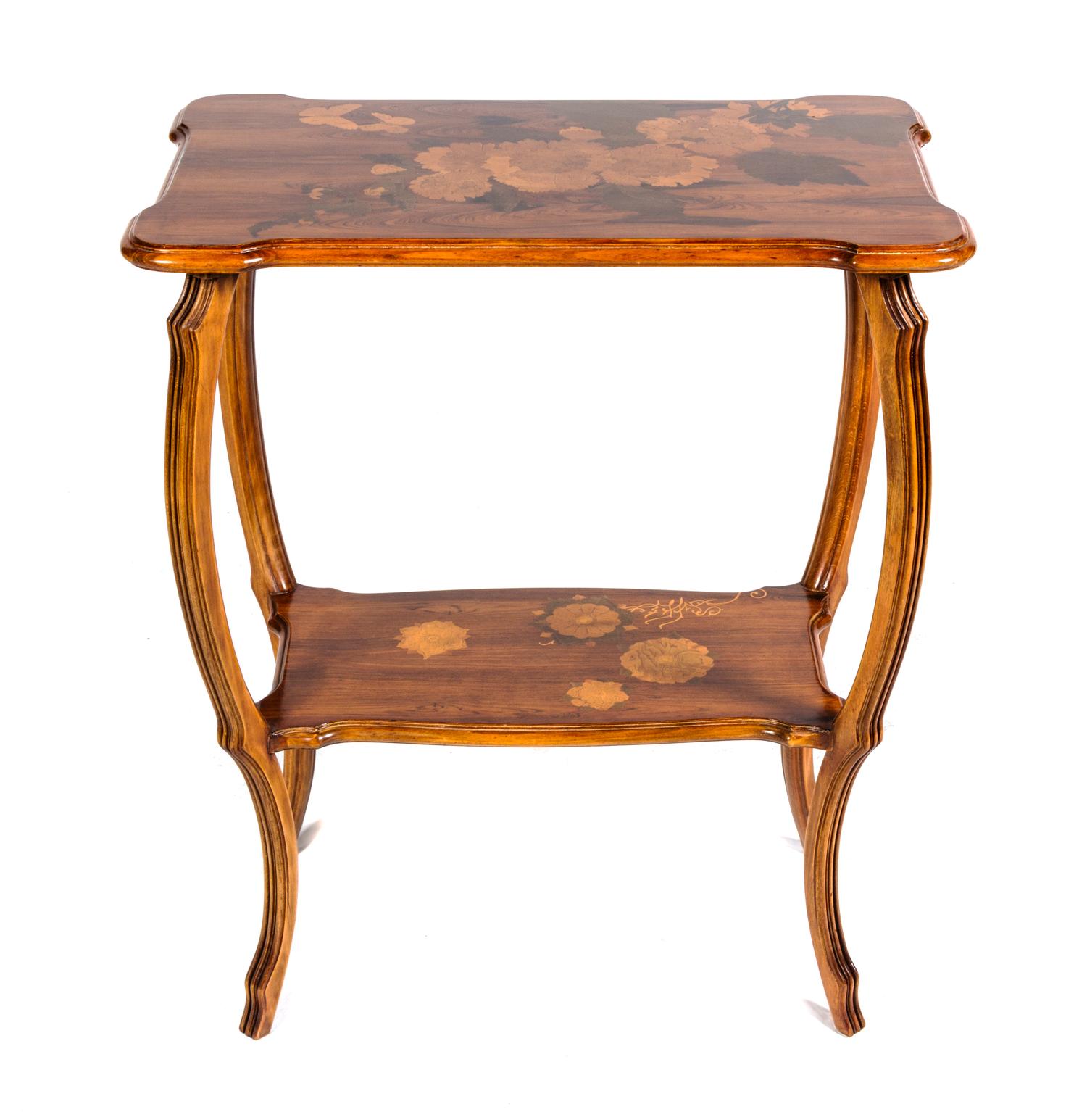 An Emile Galle Art Nouveau Marquetry Table Height 29 x width 24 1/2 x depth 15 inches.