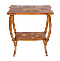 An Emile Galle Art Nouveau Marquetry Table Height 29 x width 24 1/2 x depth 15 inches.