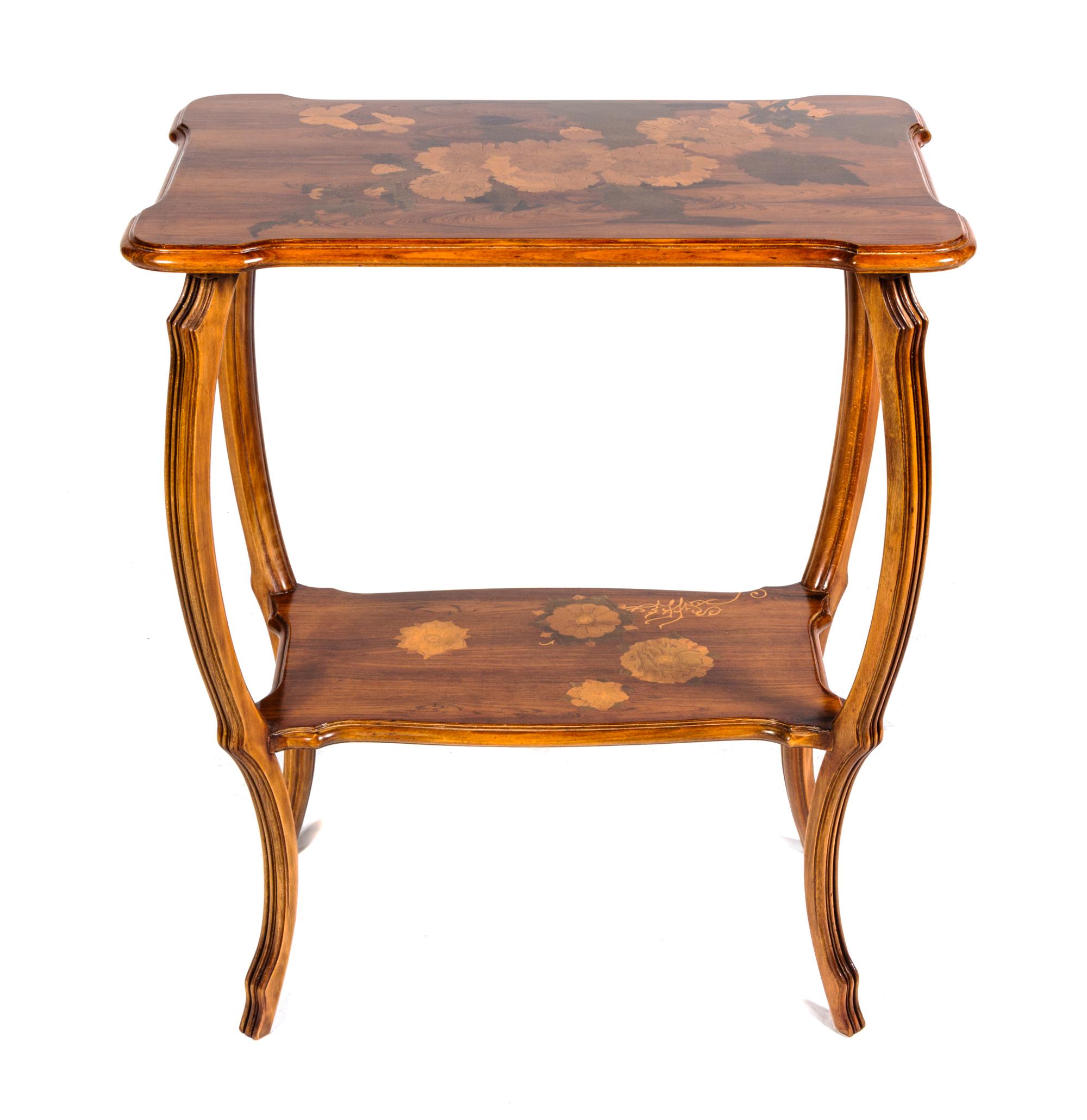 An Emile Galle Art Nouveau Marquetry Table Height 29 x width 24 1/2 x depth 15 inches.