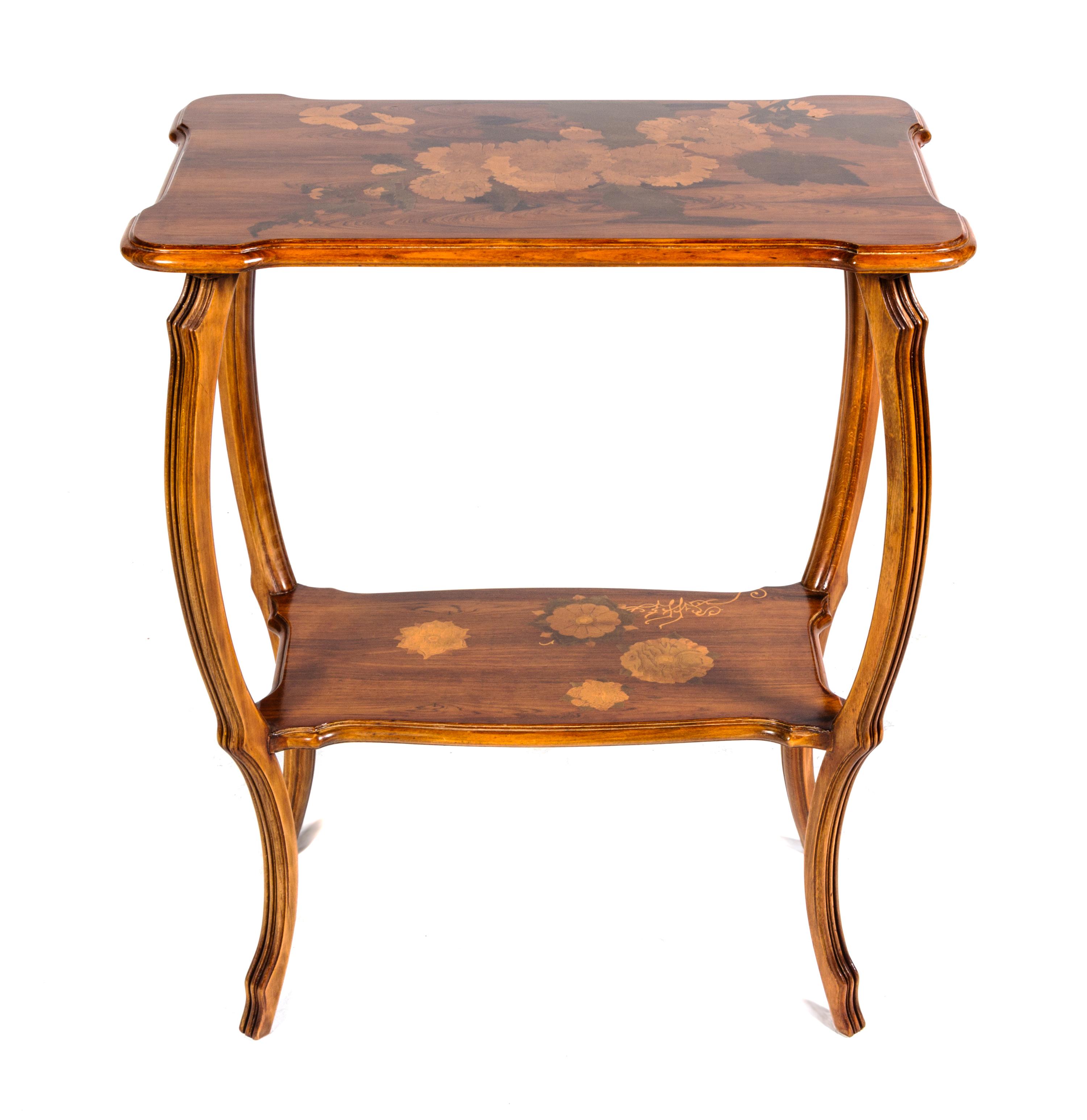 An Emile Galle Art Nouveau Marquetry Table Height 29 x width 24 1/2 x depth 15 inches.