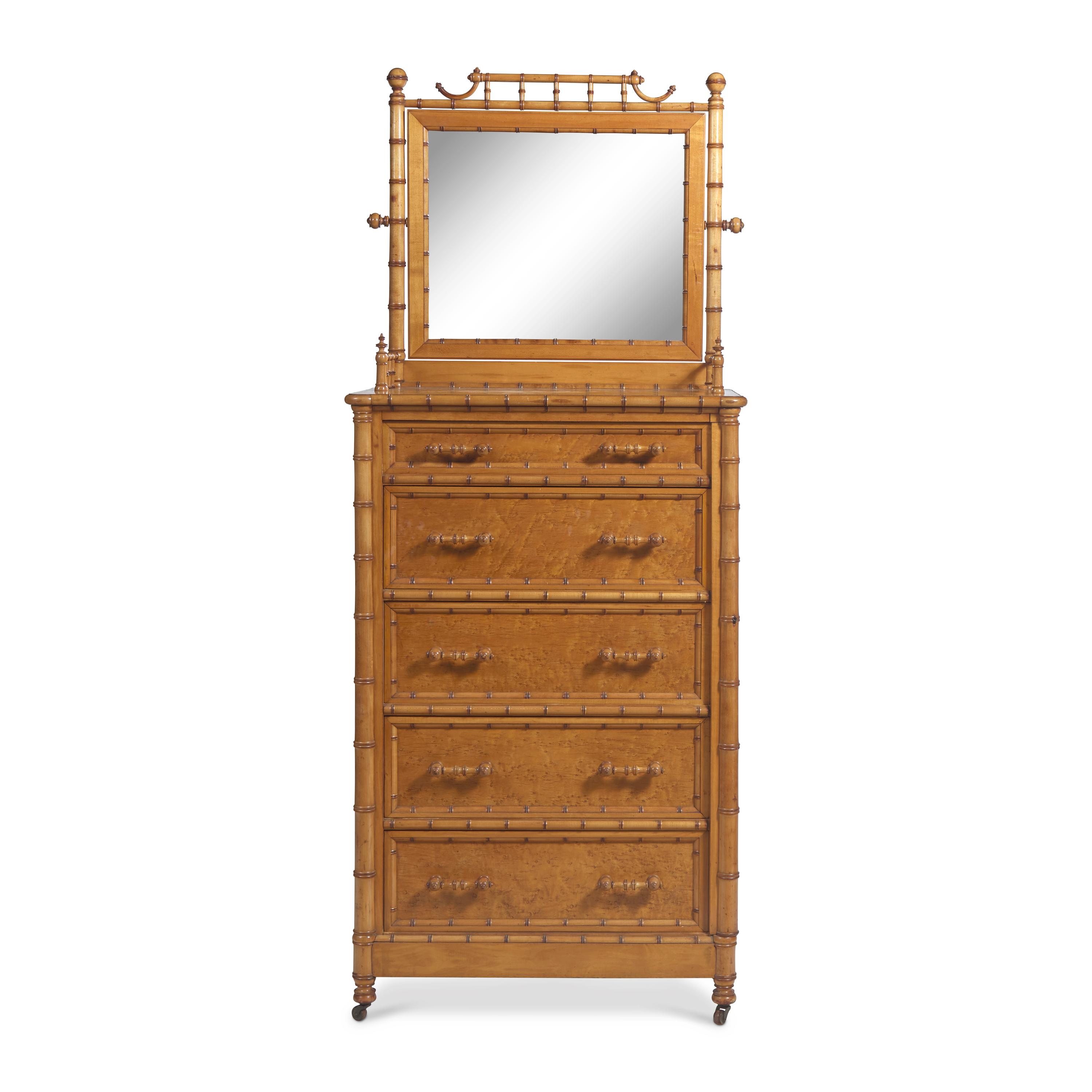 A Carved Bamboo and Bird's Eye Maple Bedroom Suite
