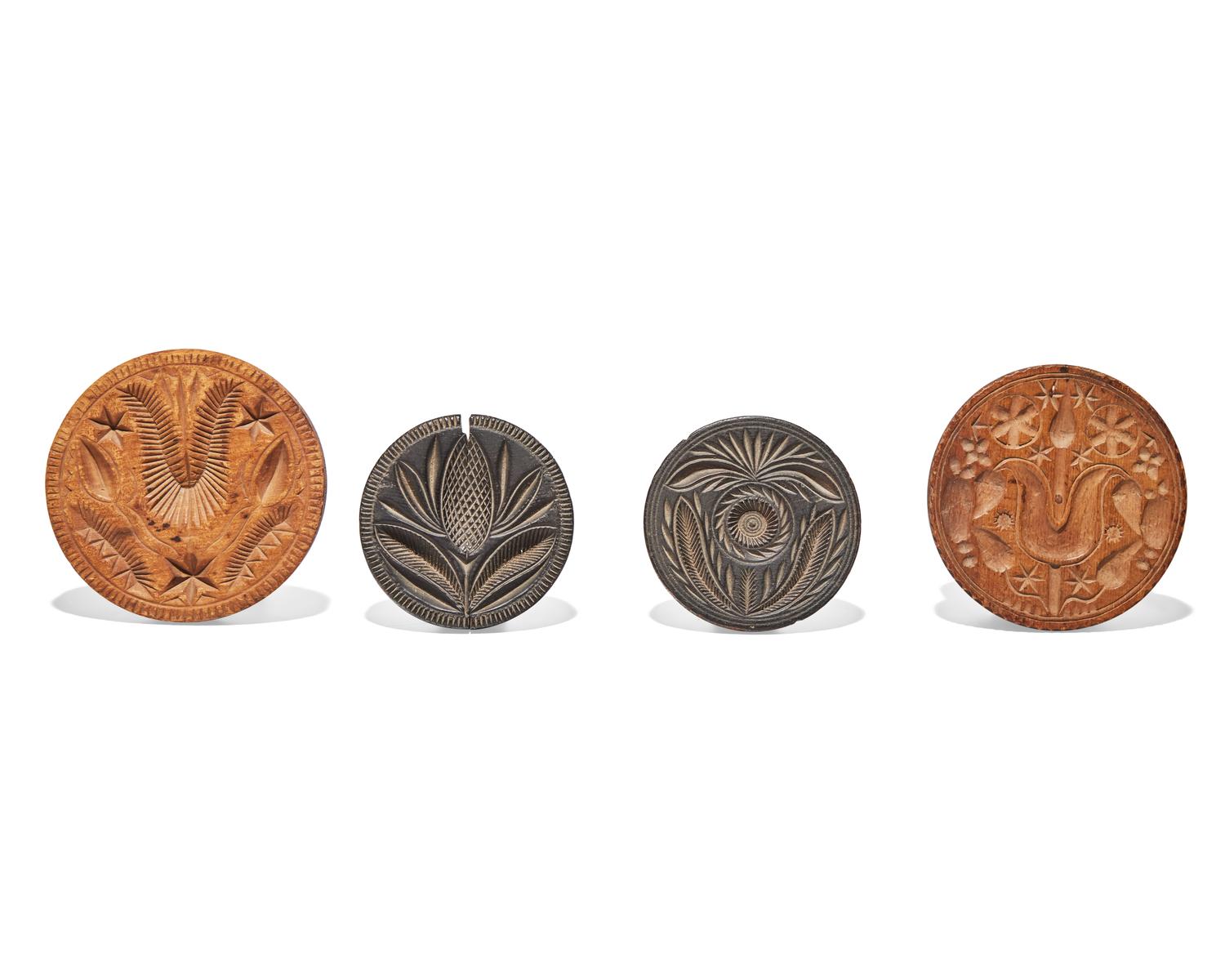 Four Carved Wood Butter Stamps, 19th Century