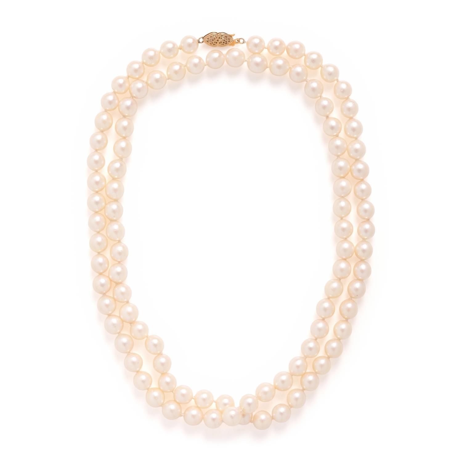 Collection of Four Cultured Pearl and Yellow Gold Necklaces