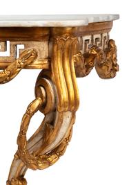 A Pair of Italian Neoclassical Style White Painted and Parcel Gilt Marble-Top Console Tables