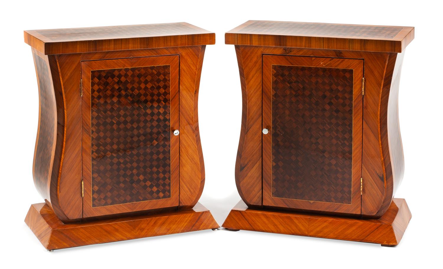 A Pair of Art Deco Style Parquetry Side Cabinets Height 27 x width 24 x depth 13 inches.