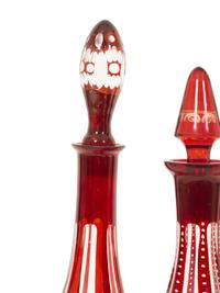 Three Bohemian Ruby-Cut-to-Clear Glass Decanters