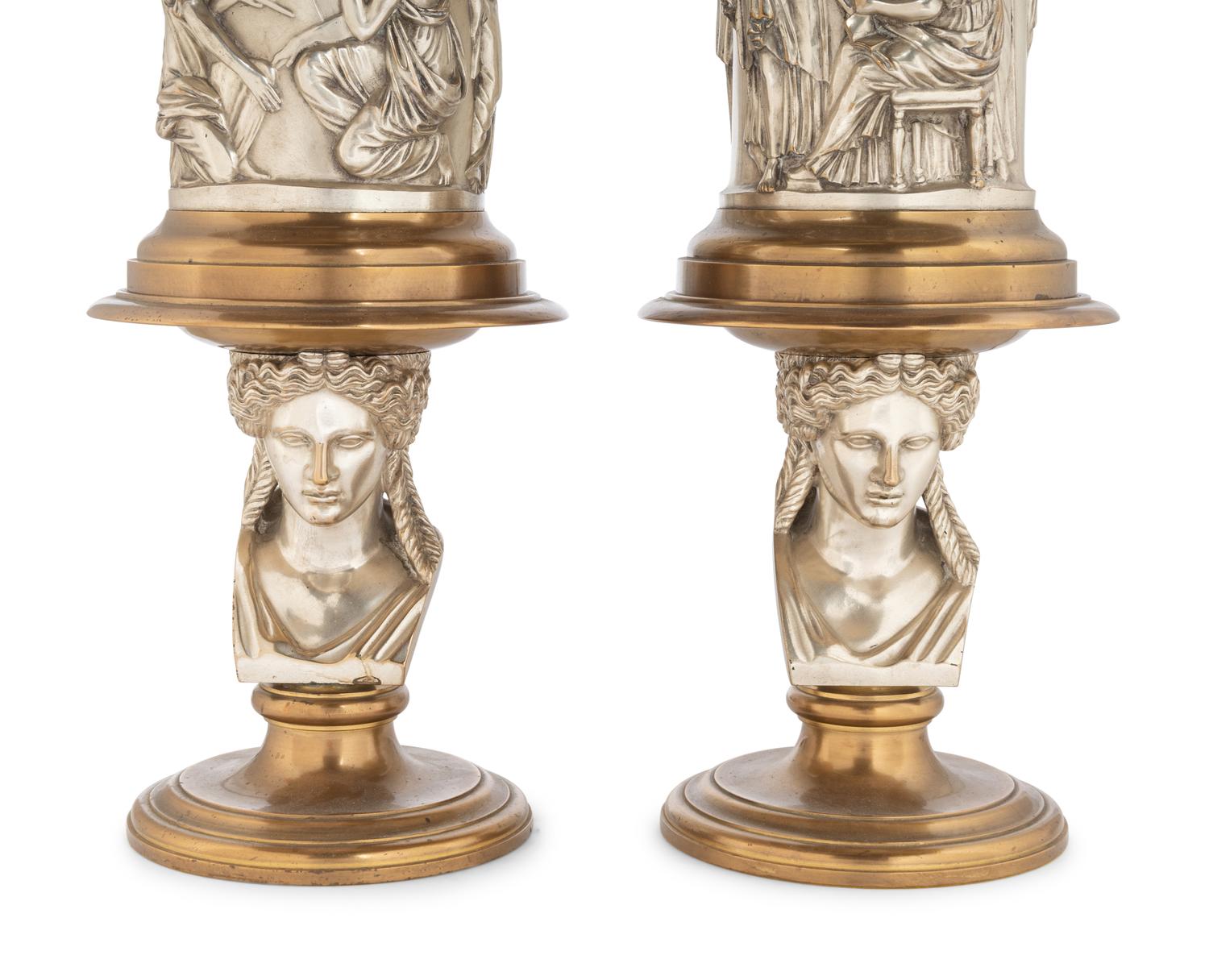 A Pair of Continental Gilt and Silvered Bronze Lamps