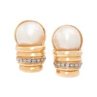 YELLOW GOLD, CULTURED MABE PEARL AND DIAMOND EARCLIPS