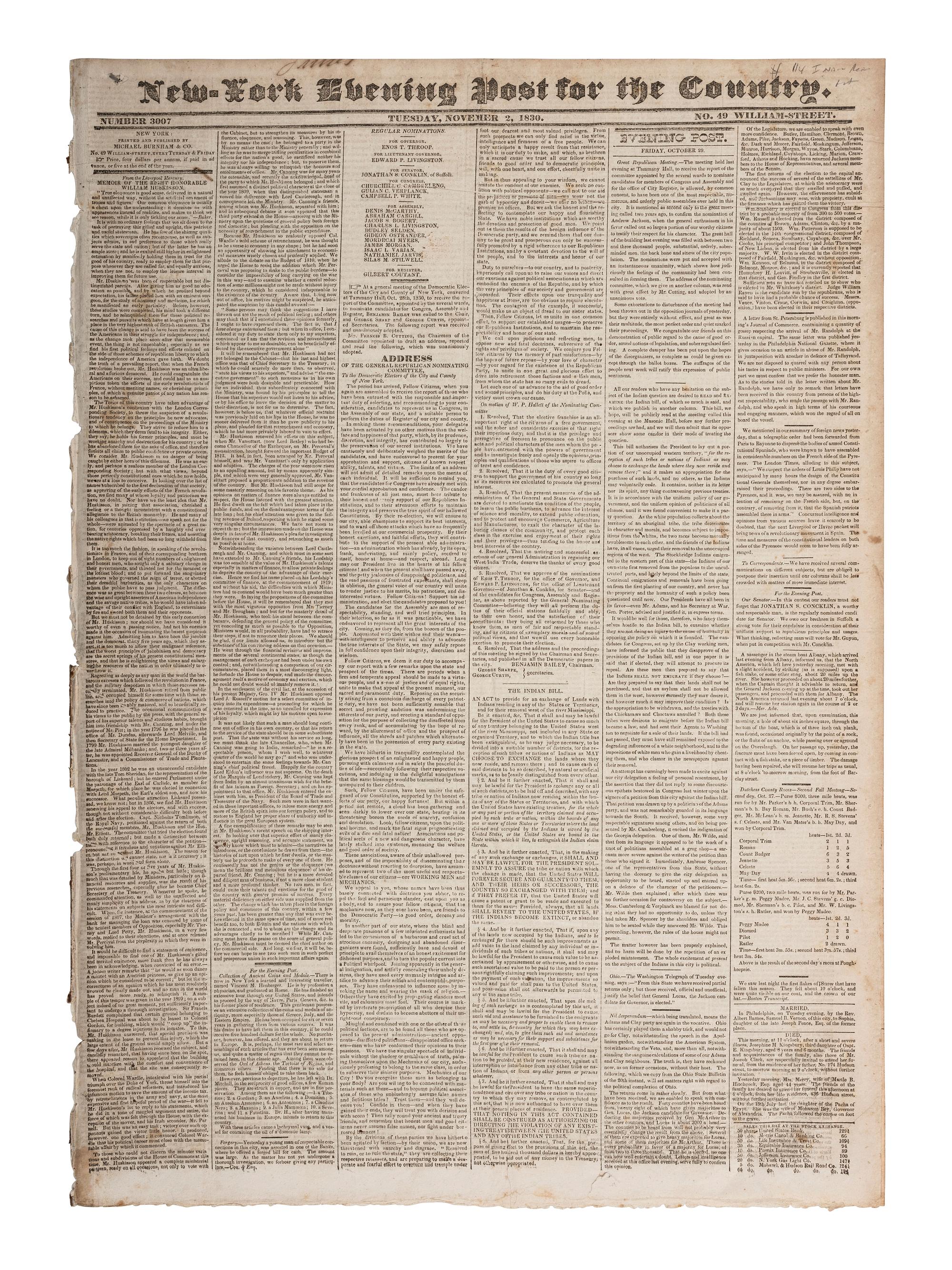 [INDIAN REMOVAL ACT]. New York Evening Post . Number 3007. New York: Michael Burnham & Co., 2 November 1830.