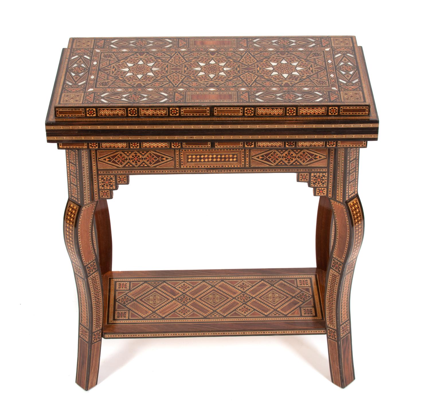 A Syrian Parquetry Mother-of-Pearl Inlaid Game Table Height 29 x width 25 x depth open 25 inches. — 19TH CENTURY
