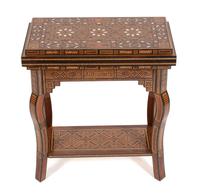 A Syrian Parquetry Mother-of-Pearl Inlaid Game Table Height 29 x width 25 x depth open 25 inches. — 19TH CENTURY