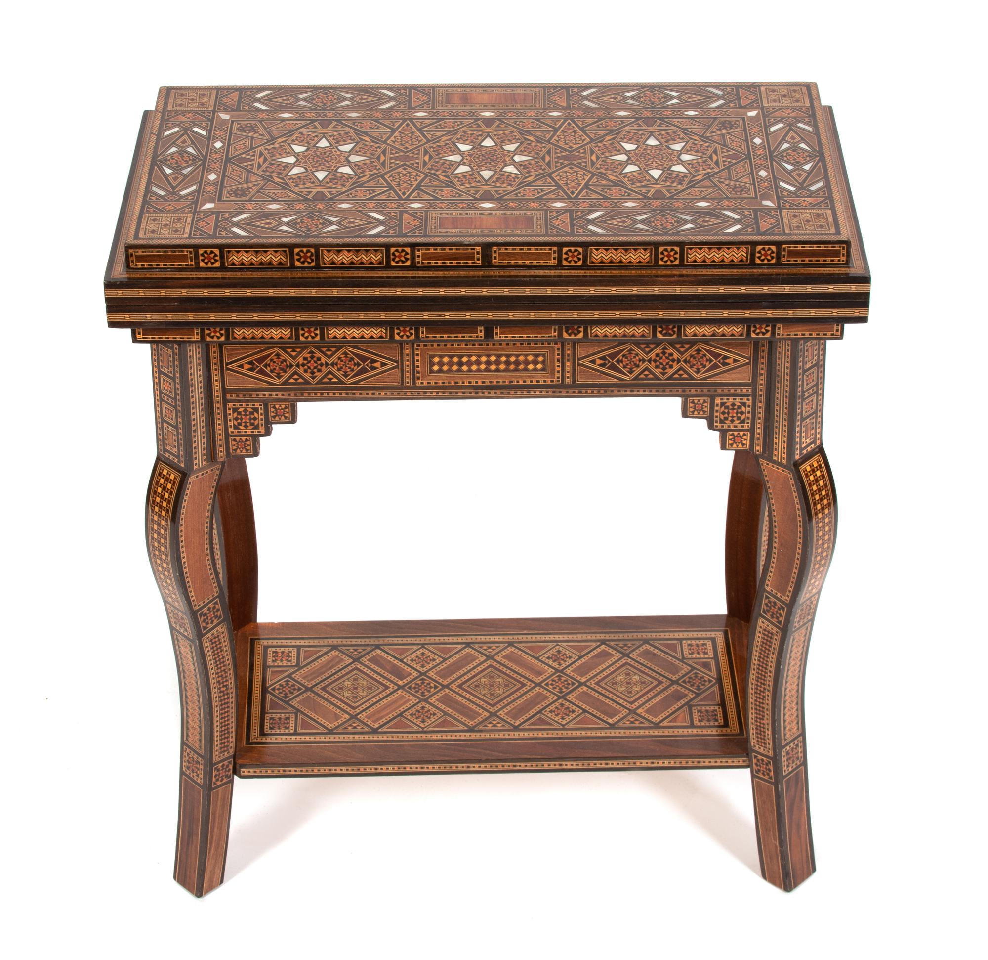 A Syrian Parquetry Mother-of-Pearl Inlaid Game Table Height 29 x width 25 x depth open 25 inches. — 19TH CENTURY