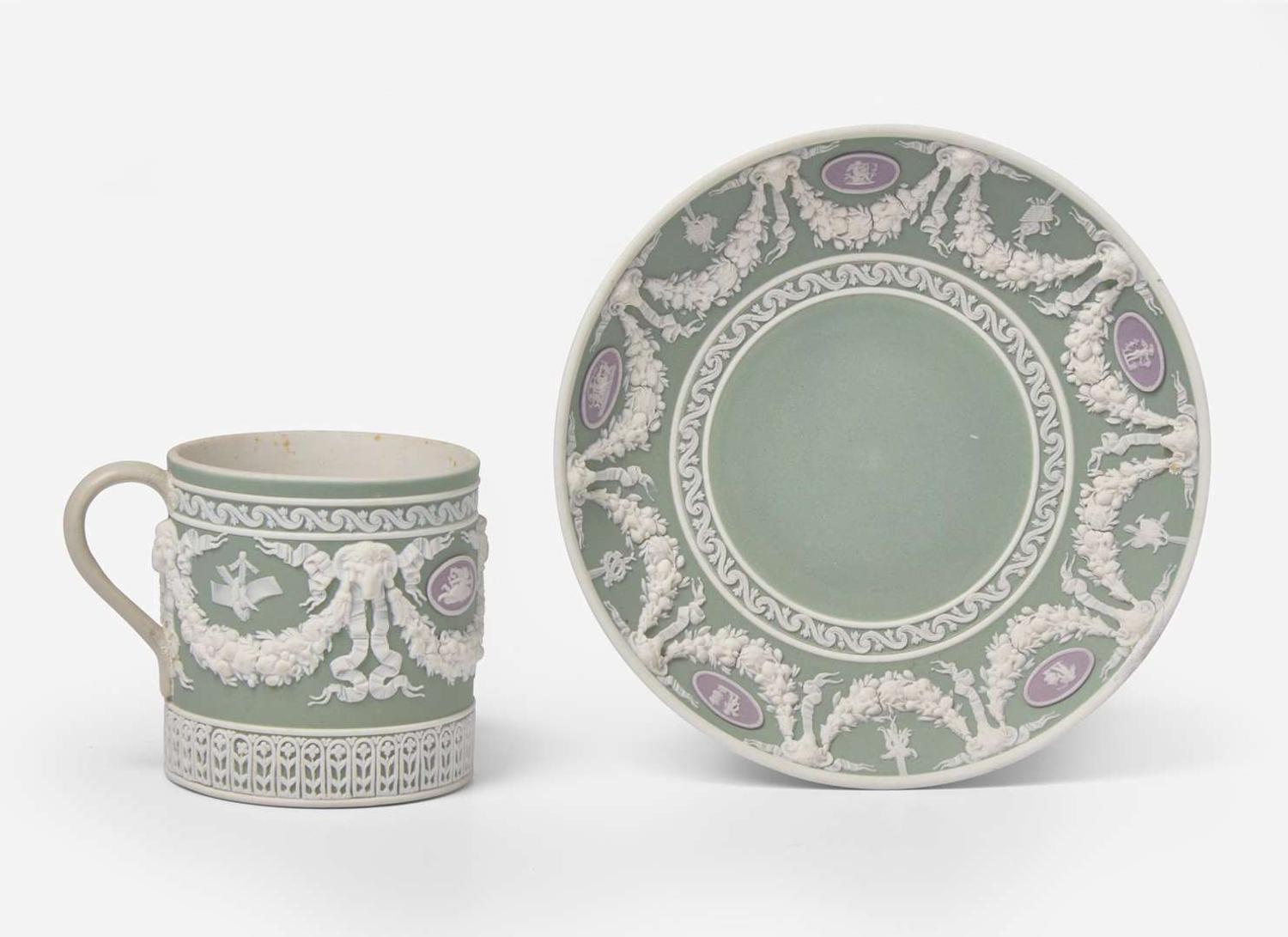A Wedgwood Tricolor Jasperware Can Cup and Saucer, UK, late 19th century