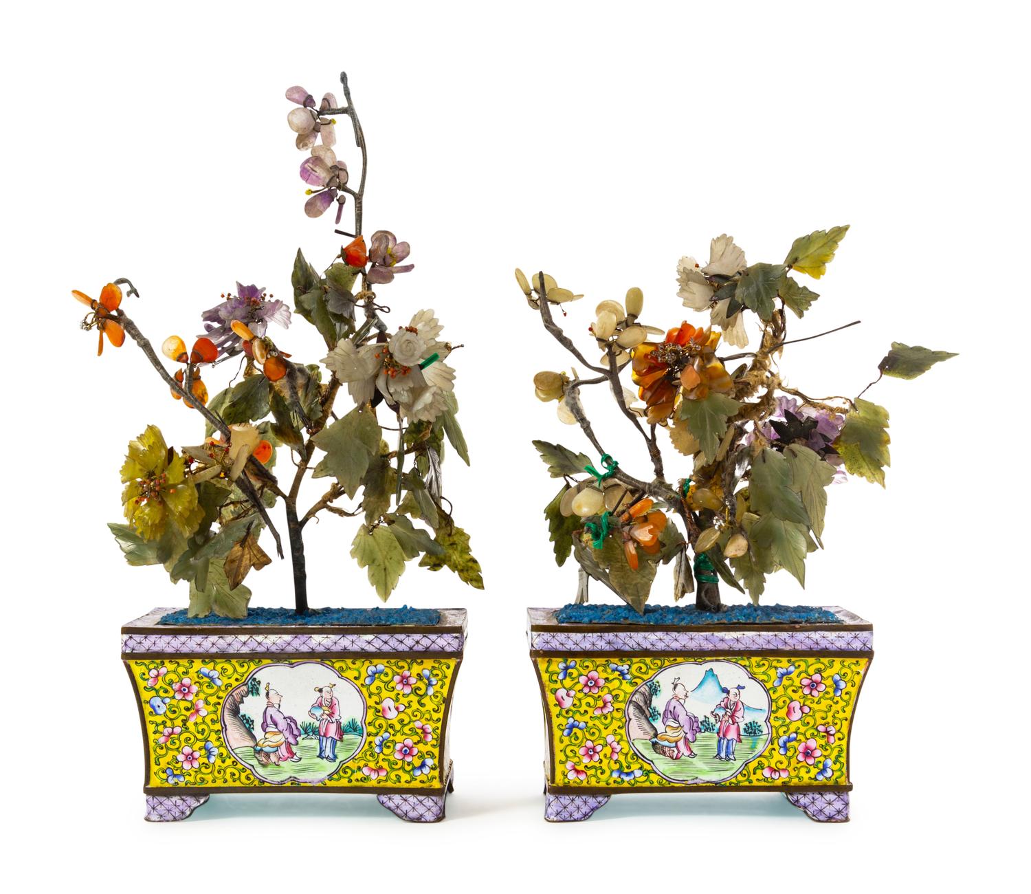 A Pair of Canton Enamel on Copper Cachepot and Plants