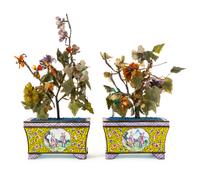A Pair of Canton Enamel on Copper Cachepot and Plants