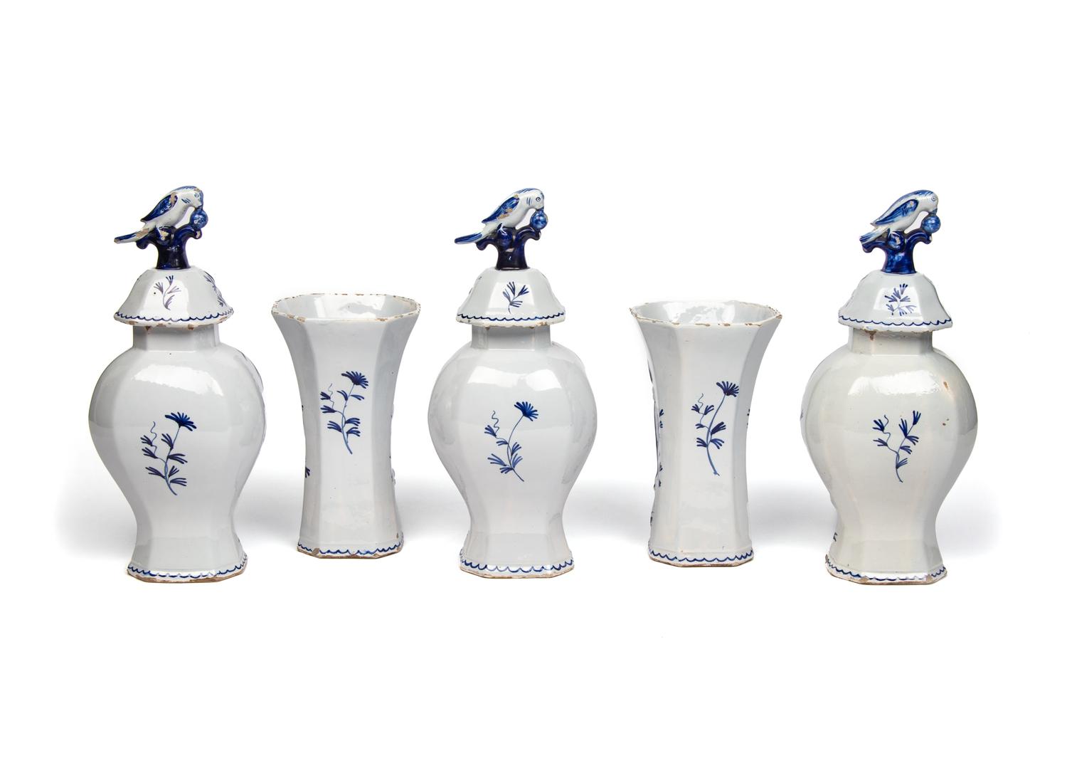 A Delft Earthenware Five-Piece Garniture