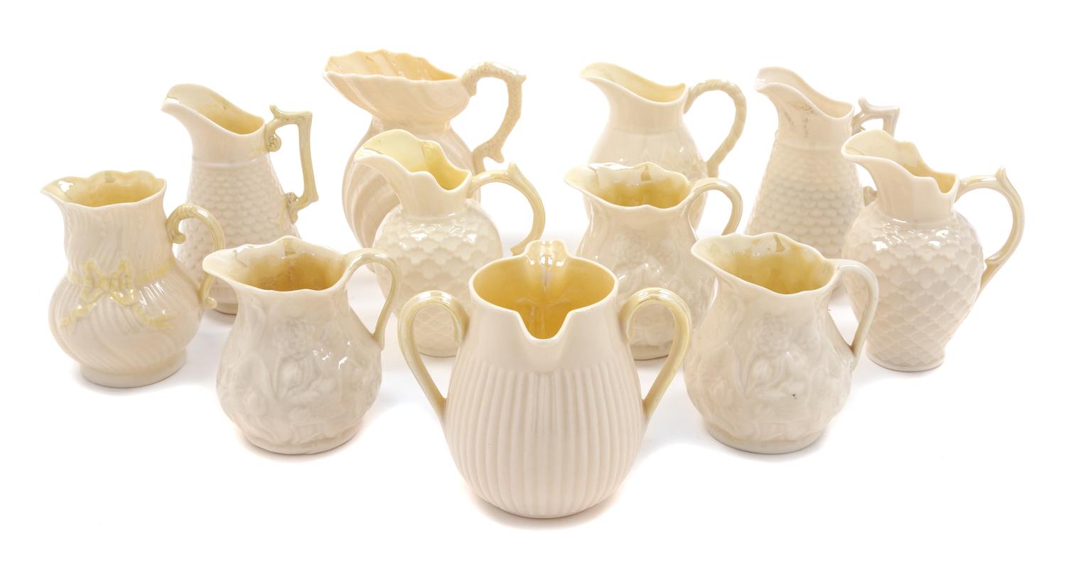 Eleven Belleek Creamers Height of tallest 4 1/8 inches. — SECOND BLACK MARK THROUGH SIXTH GREEN MARK (1891-1980)