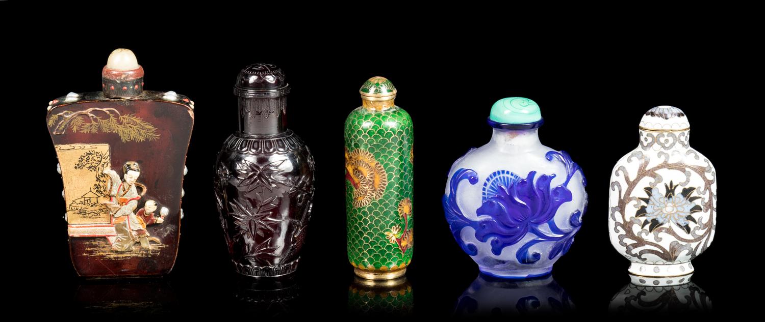 Five Chinese Snuff Bottles Height of tallest 3 3/4 inches. — 20TH CENTURY