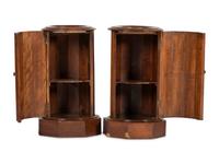 A Matched Pair of Regency Style Marble-Inset Figured Birch Column-Form Pot Cupboards