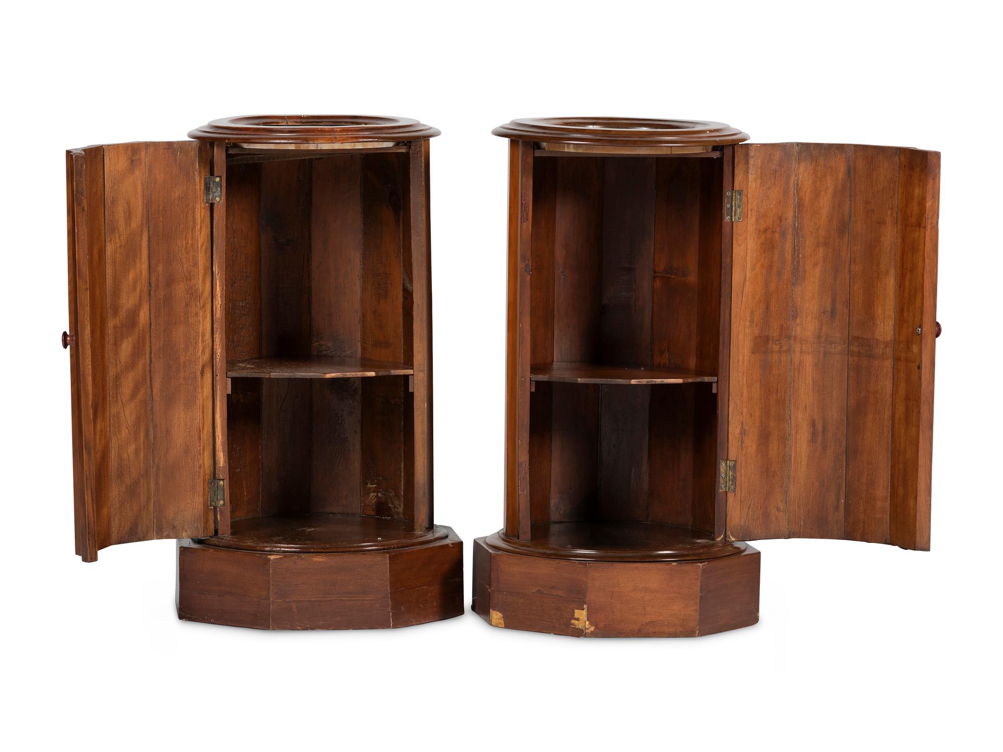 A Matched Pair of Regency Style Marble-Inset Figured Birch Column-Form Pot Cupboards