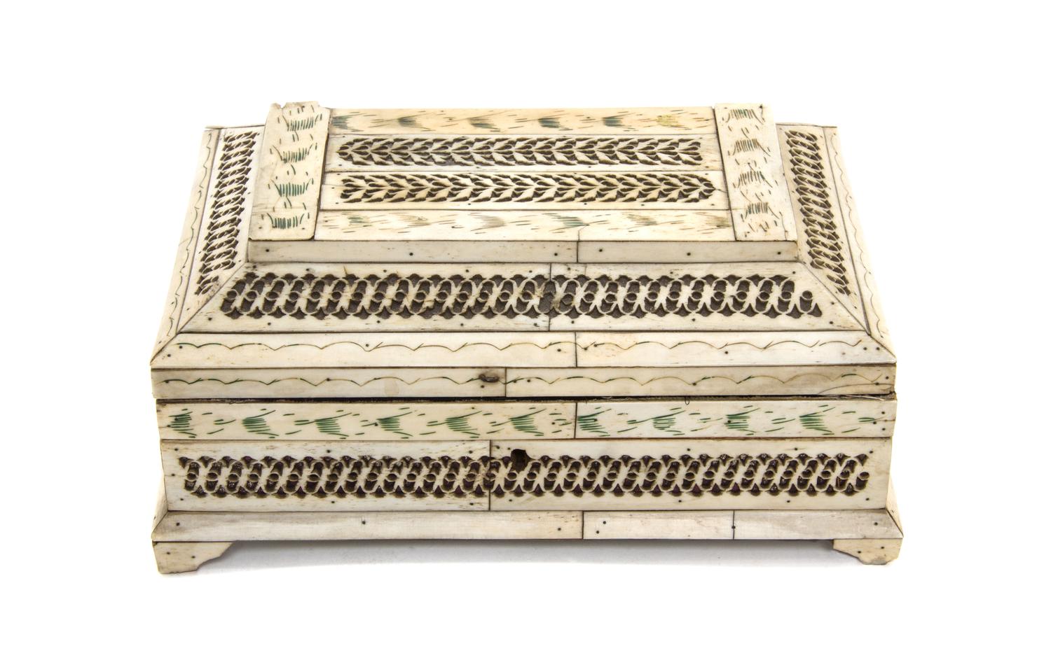 A Russian Bone Veneered Table Casket, Height 4 x width 8 7/8 x depth 6 inches.