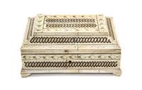 A Russian Bone Veneered Table Casket, Height 4 x width 8 7/8 x depth 6 inches.